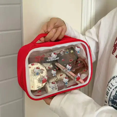 Sanrio hello kitty bonito viagem portátil saco de maquiagem grande capacidade saco de armazenamento de higiene pessoal kawaii y2k transparente saco de cosméticos presentes