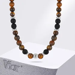 Vnox Tiger Eye Stone Beads Necklace for Men, Black Volcanic Lava Stones Beaded Collar Chokers, Classic Jewelry Gift