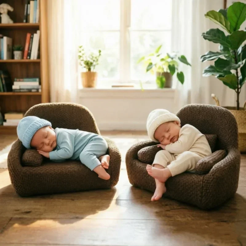 Soft Woven Mini Sofa Posing Seat Stable Cushioned Prop For Studio Portrait Shooting Indoor Photoshoot Scene Layout And Styling
