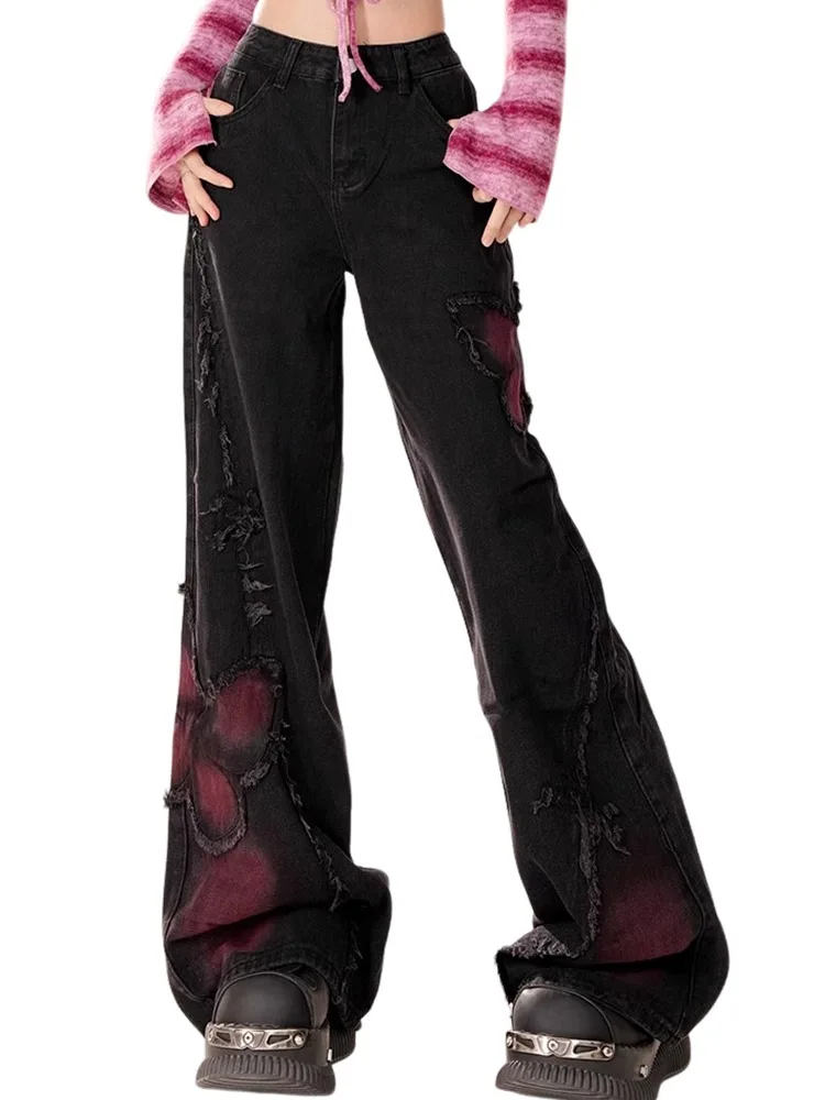 2026 Women's Y2K Butterfly Wide Leg Jeans Vintage High Waist Flared Denim Pants Casual Streetwear Spring Summer Trousers