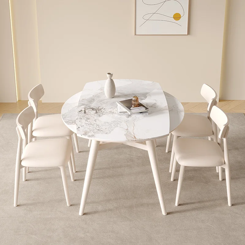 

Cream wind round rock slab retractable dining table and chair combination small apartment stretched solid wood dining table hous