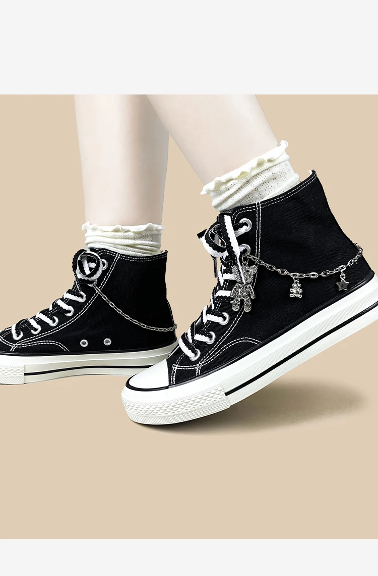 Amy und Michael Kawaii Bären-Charms Damen-Sneaker Niedliche Mädchen-Studenten High-Top Freizeit-Leinenschuhe Modische Teenager-Skateschuhe – Detail 8
