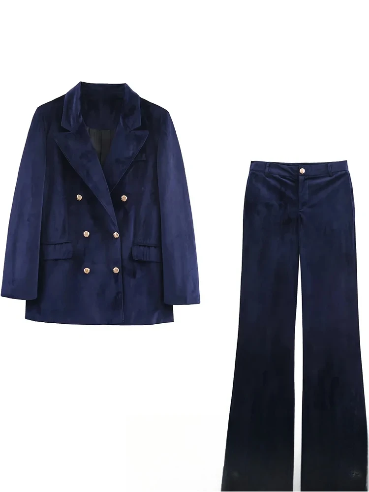 

Осень-зима 2025 г., однотонный женский бархатный костюм, пиджак на пуговицах, длинные прямые брюки-клеш, модные