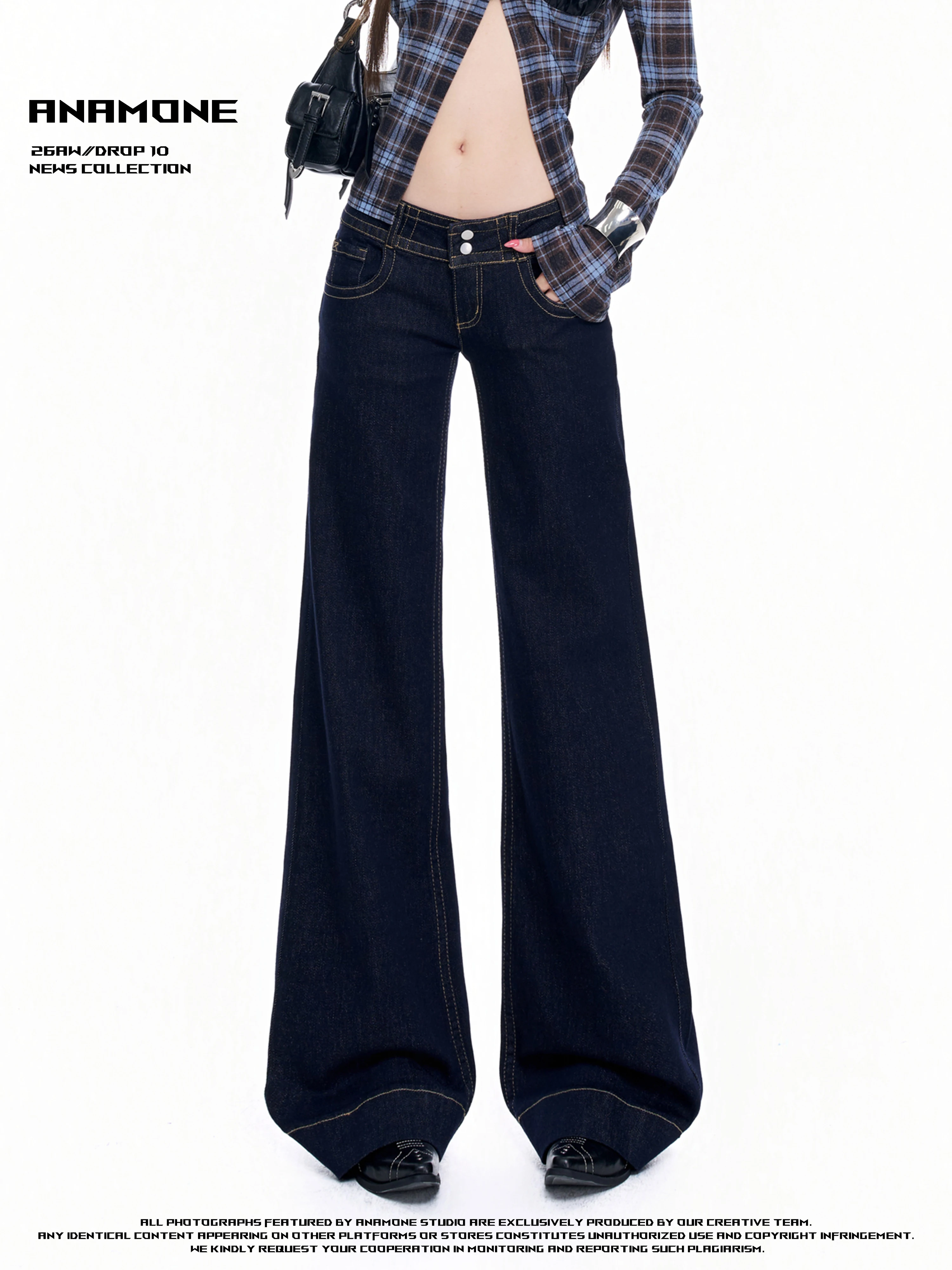 ANAMONE American Retro Low Waist Flared Jeans Women's New Style Deep Blue Double Buckle Cuff Long Pants Casual Slim Fit