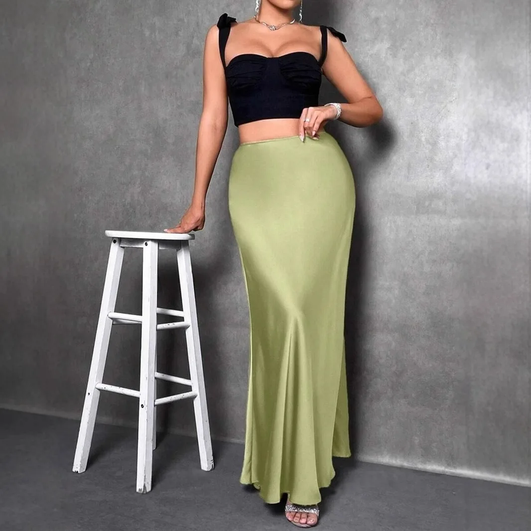 

Satin Half Skirt Spring and Summer New Style Simple Simulation Silk Long Skirt Women's Wear