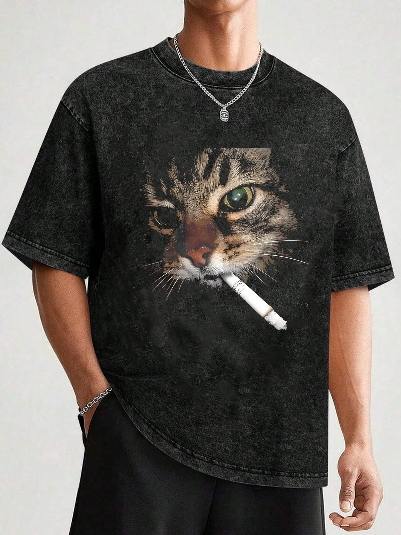 Mit cooler Katze und Zigarette, lässiges Sommer-Mode-Rundhals-Kurzarm-Herren-T-Shirt
