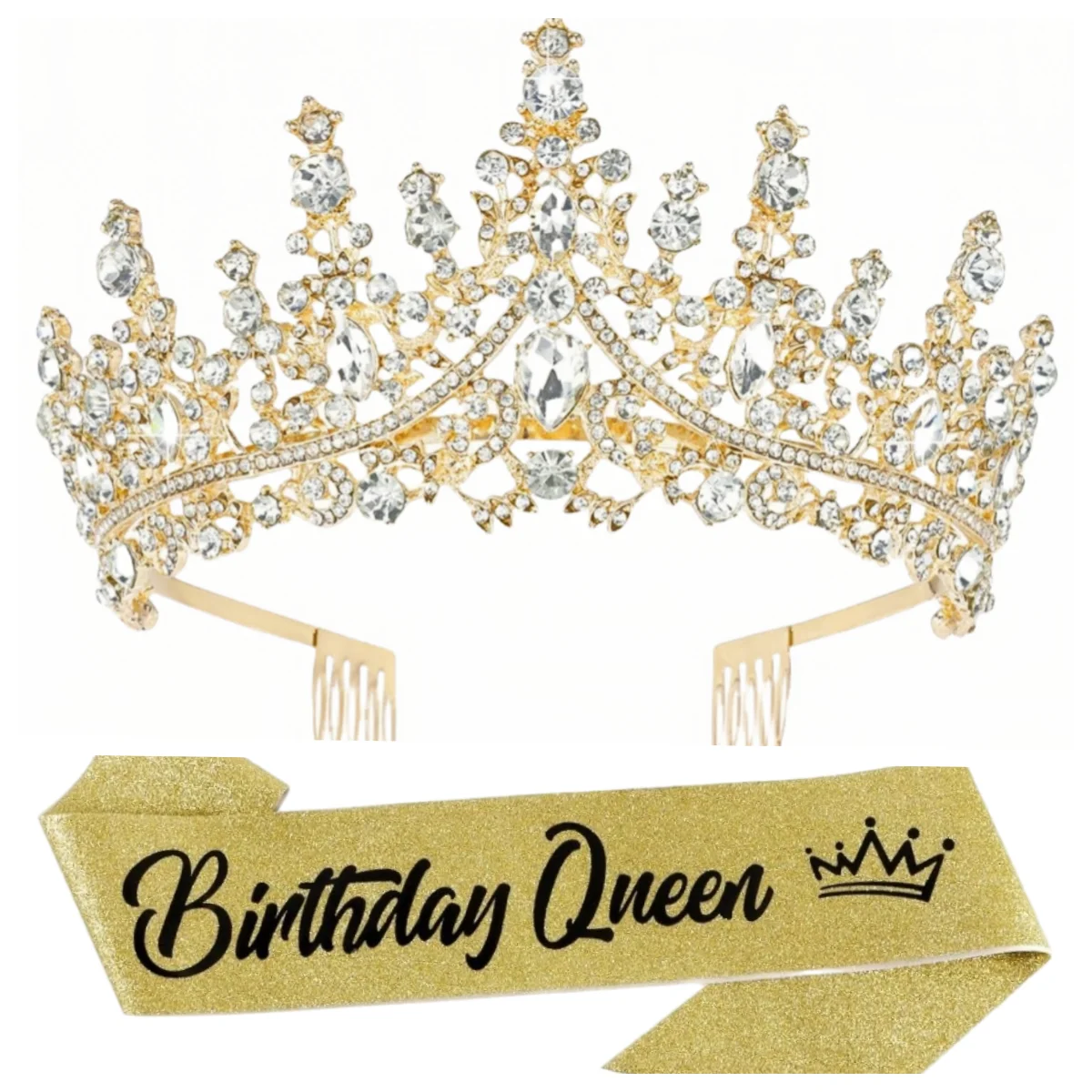 Barocke Strass-Geburtstagsköniginnen-Schärpe mit Krone, Tiara und Stirnband, Geburtstags-Schärpe mit Anstecknadel, Happy Birthday Party Dekoration – Detail 17