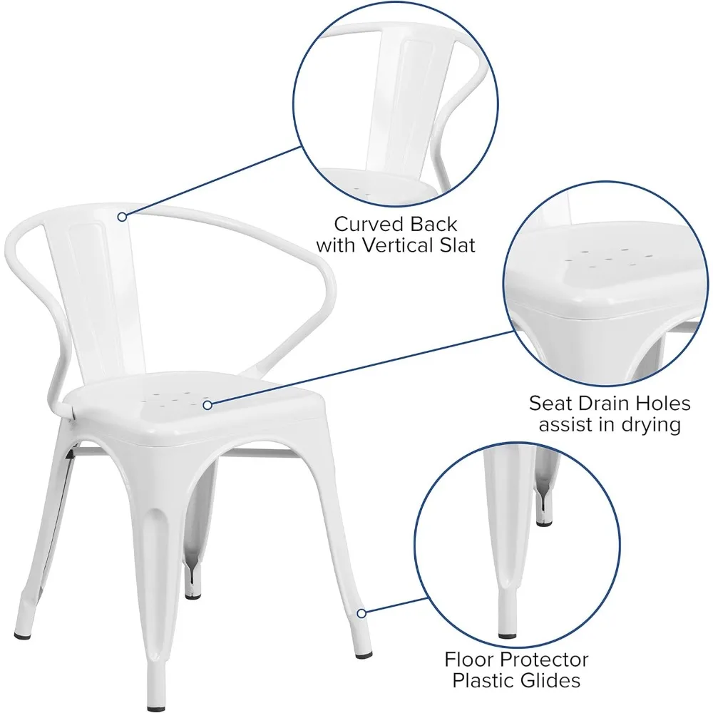 كرسي EMMA + OLIVER المعدني الأبيض الداخلي والخارجي مع أذرع