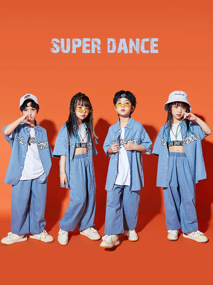 Boys HIPHOP Denim Suit Loose Hip Hop Performance Dress Girls Jazz Dance Dress Summer