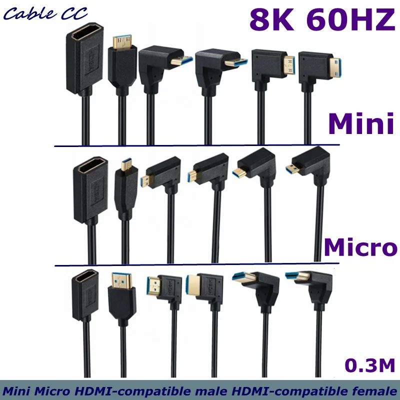 

0.3m 90 Degree Angle 8K60Hz Micro Mini HDMI-compatible Male to HDMI-compatible Female Cable Camera Tablet to TV Adapter