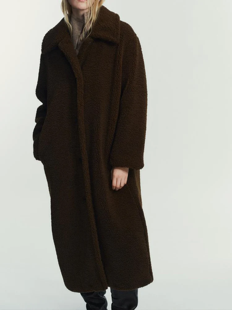 

European style new women's fashionable and versatile solid color lapel single-breasted long-sleeved fleece coat.