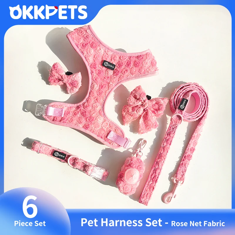 

OKKPETS Custom Flower Pet Harness Leash Collar Set Valentine's Day Soft Adjustable Puppy Dog Harness Vest for Small Dogs Cats