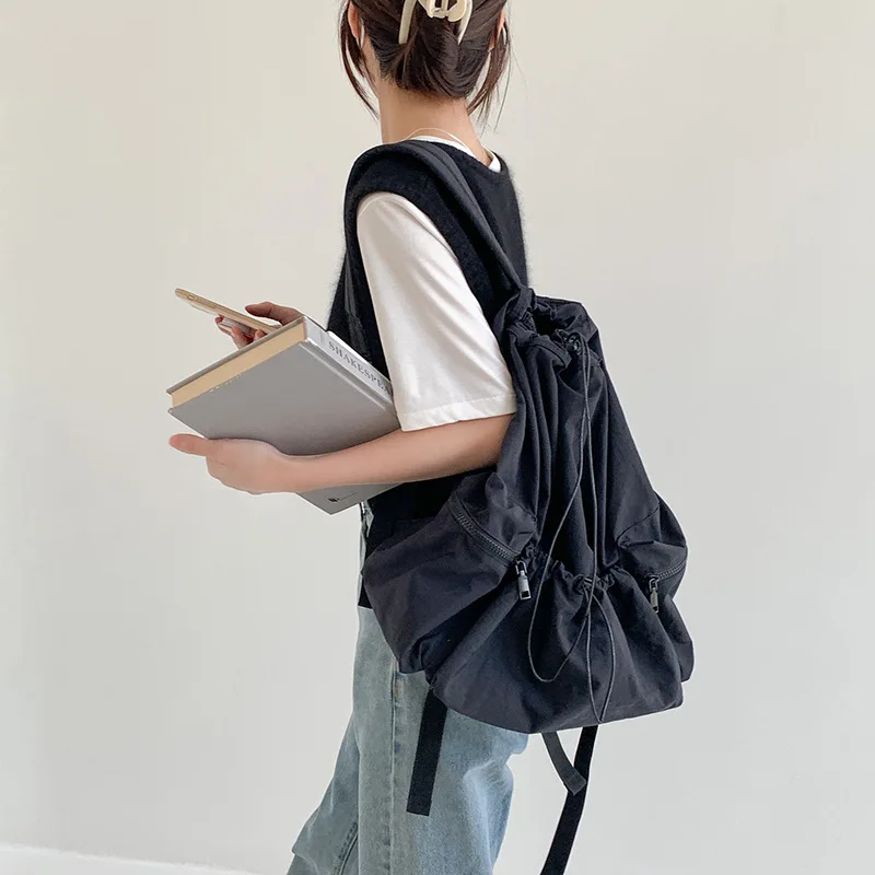 Fashion Ruched Drawstring Backpacks For Women Aesthetic Nylon Fabric Girl Backpack Lightweight Students Bag Travel Female Bag 백팩