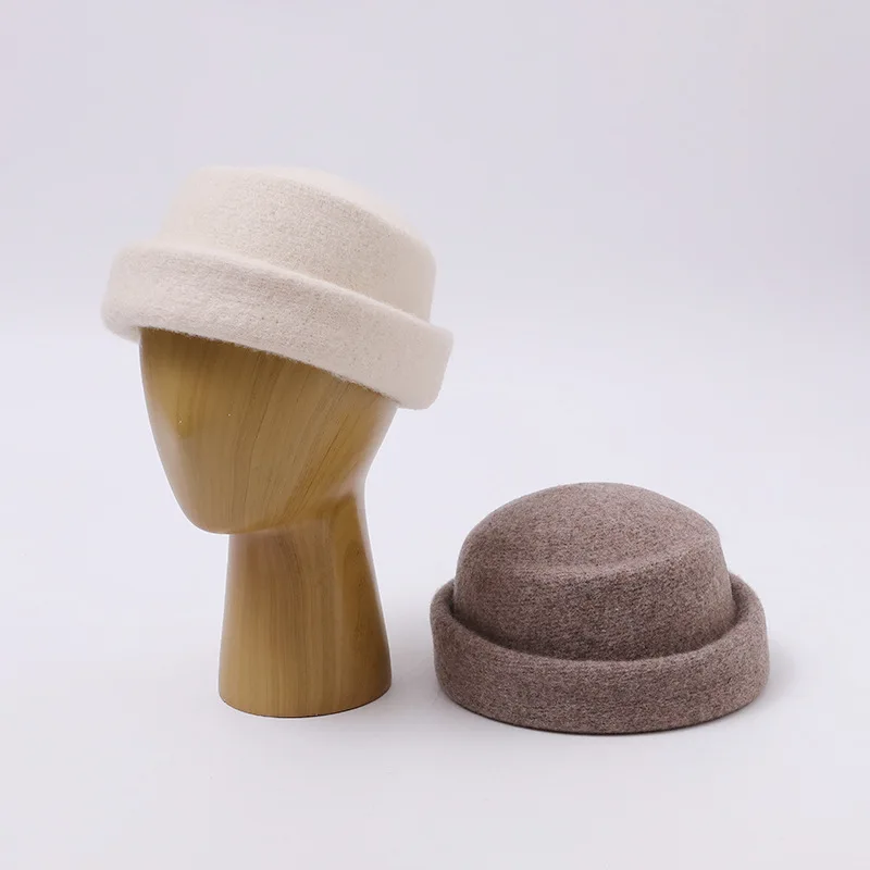 Women Rolled Edge Round Crown Hat 90% Wool Solid Color Retro Chic Fall Winter Outdoor Headwear Fashion