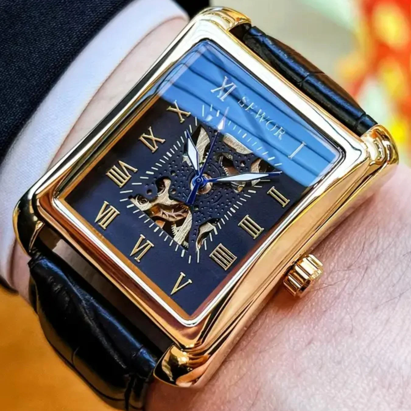 Rectangular Men's Mechanical Watch, [Men's Mechanical Watch] High-End Luxury Square Double-Sided Skeleton Watch - Light Luxury B