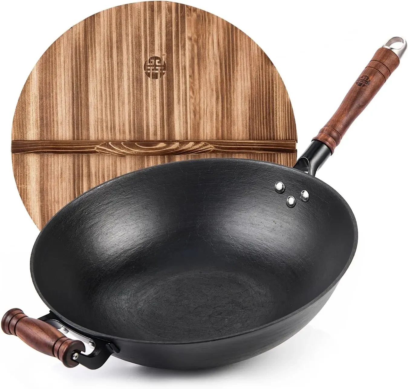 WANGYUANJI Cast Iron Wok Pan 12 inch Flat Bottom with Wooden Handle and Lid, Large Wok Stir Fry Pan Suitable for All Cooktops,