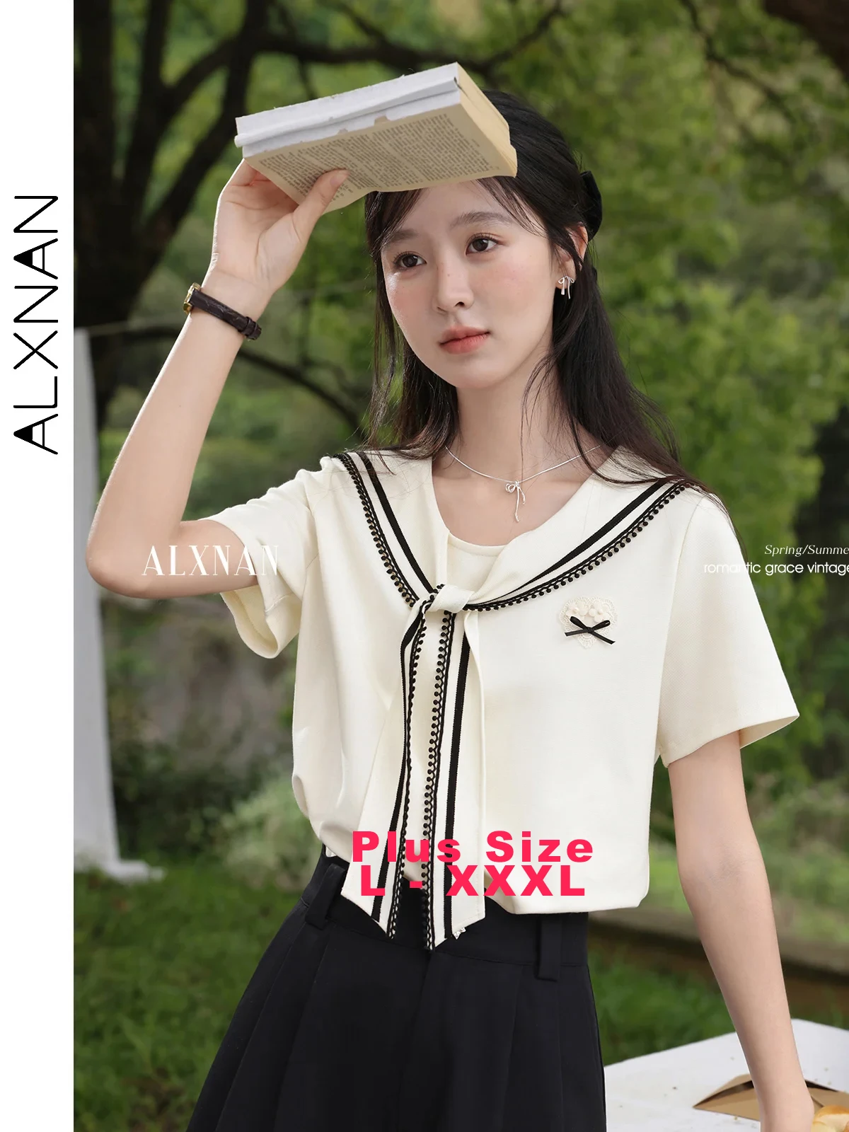 

ALXNAN Plus Size T-shirt Apricot Navy Collar Short Sleeve T-shirts 2025 Summer College Style Loose-fit Shawl Tops Ladies D10935