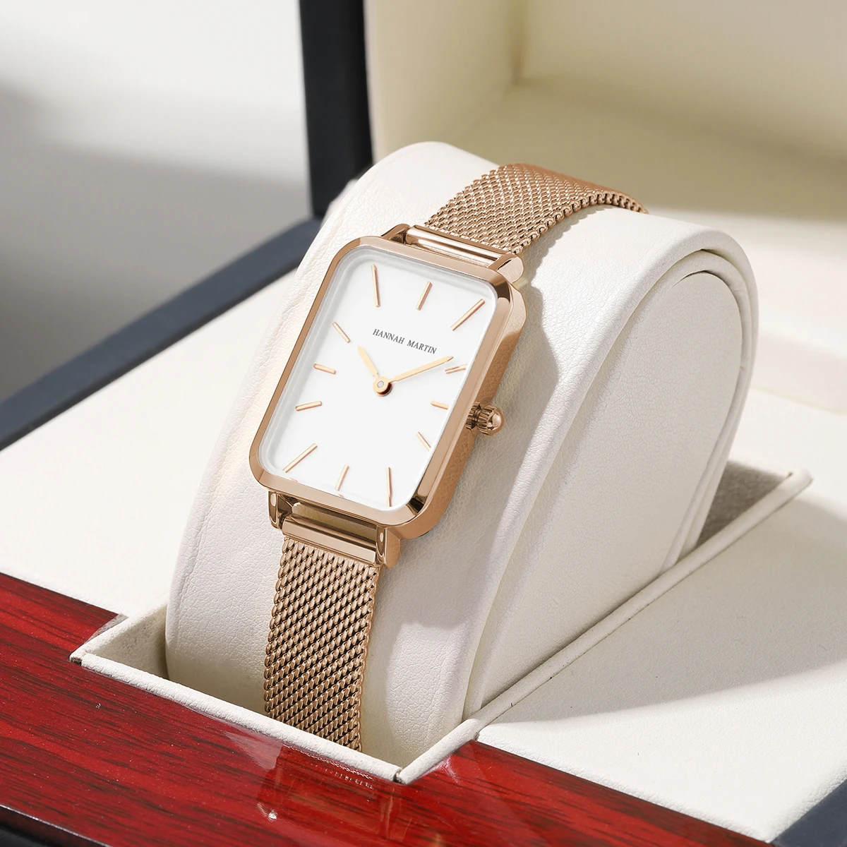 

Square Women Stainless Steel Mesh Strap Watch Fashion Japanese Movement Rose Gold Simple Leisure Fashion Hannah Martin Watches