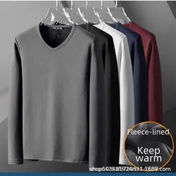 Men's Fleece-lined Long Sleeve T-shirt Spring Autumn Warm Base Layer Top Solid Color V-neck Business Casual Trade