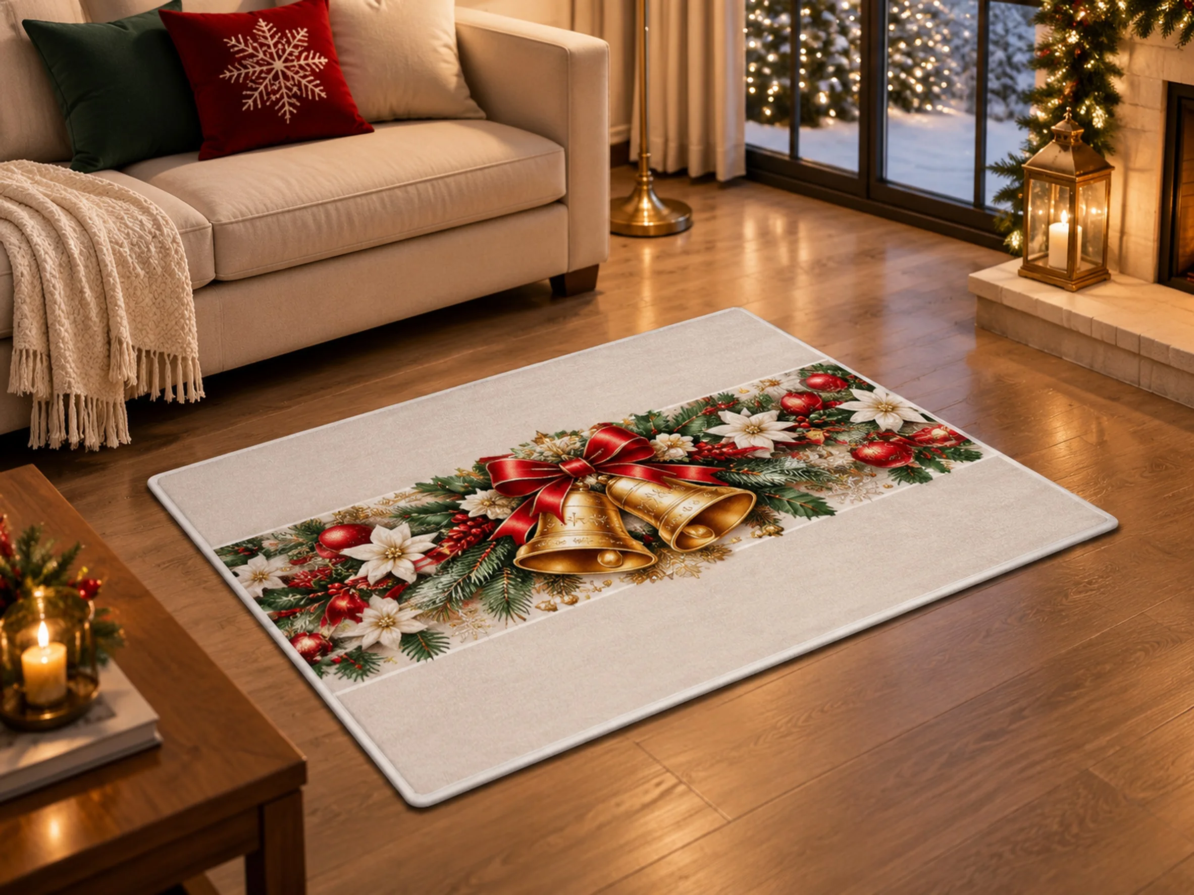 VIKAMA Christmas Silver White Bell Flannel Door Mat, Washable Quick Dry Xmas Mat, Xmas Decor for Front Porch, Mudroom, Farmhouse