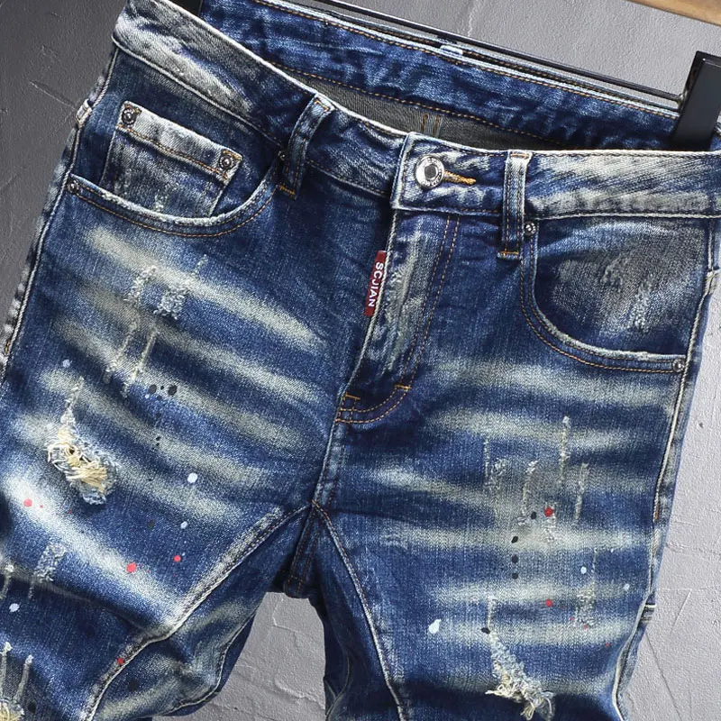 Street Fashion Men Jeans Retro Washed Blue Stretch Slim Fit Ripped Jeans Men Spliced Designer Hip Hop Vintage Denim Pants Hombre
