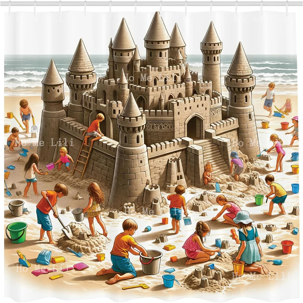 Sand Castle Shower Curtain Funny Cartoon Design Of Playing And Building On The Sandy Beach Shore Fabric Bathroom Decor