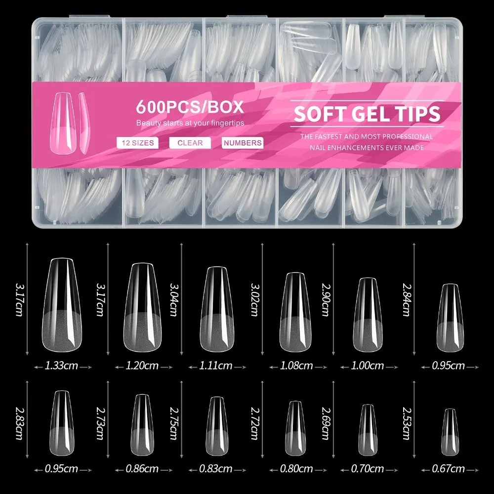 Hot Sale 600Pcs False Nail Short Length Transparent Acrylic Nails Tips Almond-Shaped Full Cover Gel Nail Tips Nail Extensions