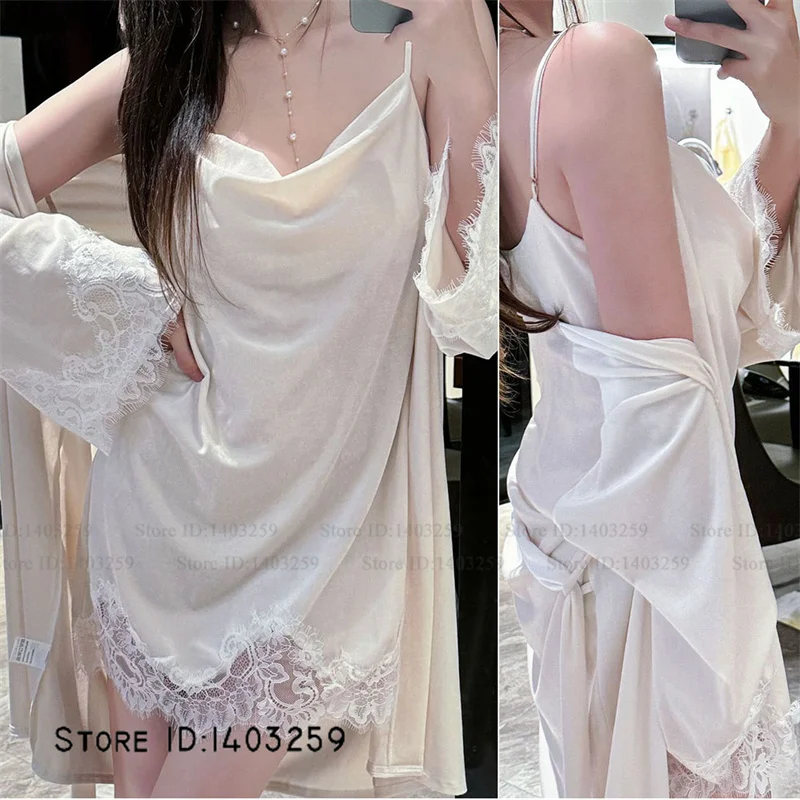 

Sexy Lace Bride Wedding Robe Nightgown 2PCS Set Elegant White Velvet Women's Sleepwear Nightdress Autumn Winter Velour Homewear
