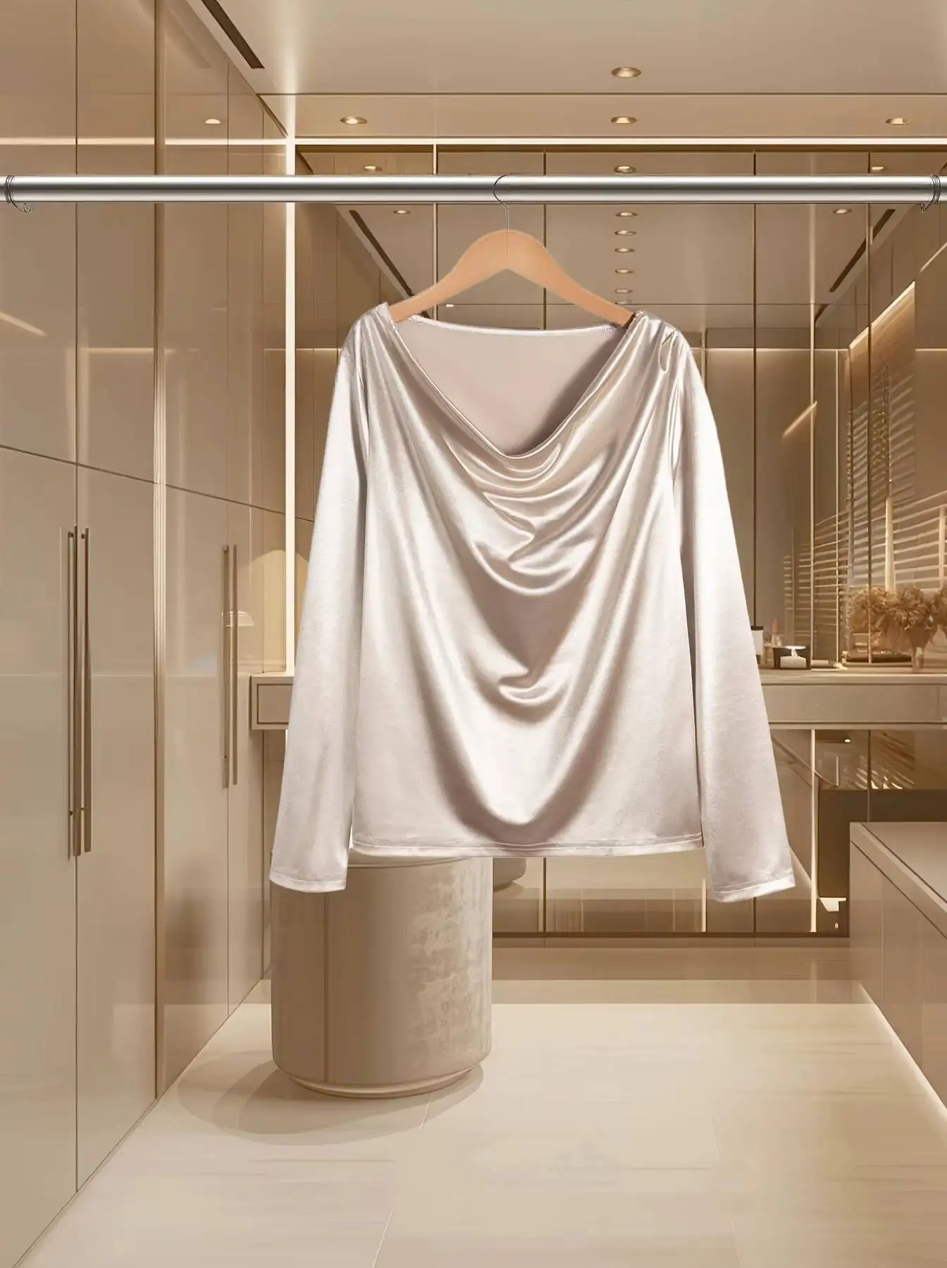 

Women's Top Gold Satin Long Sleeve Cowl Neck Ruched Elegant Luxury Spring Autumn Daily Party Evening Shiny Chic Blouse