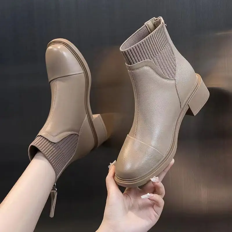 Women's Breathable Genuine Leather Sock Boots 2026 Fall Winter Fashion British Style Back Zipper Slim Ankle Booties