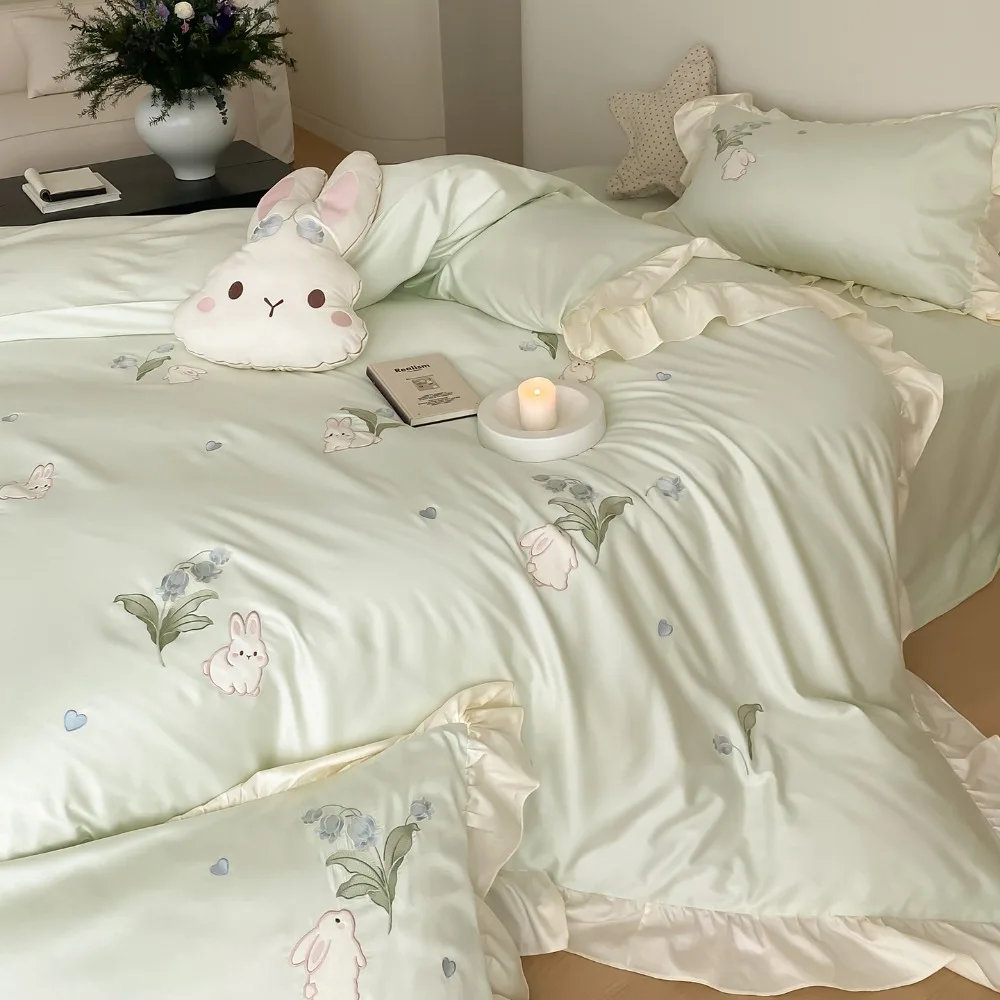 100% Cotton Embroidered Lily of The Valley Rabbit Four-piece Set Green Quilt Cover Bed Sheet Pillowcase Bedding Set