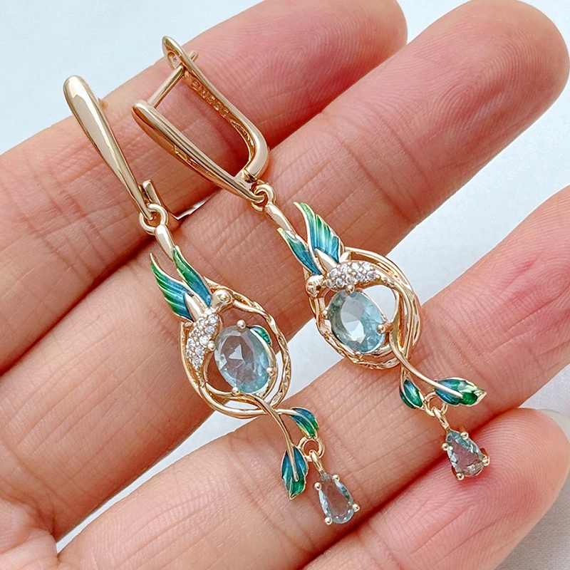 Kinel Heiße Bunte Emaille Pfau Tropfen Ohrringe Für Frauen 585 Rose Gold Farbe Blau Natürliche Zirkon Zubehör Täglichen Edlen Schmuck