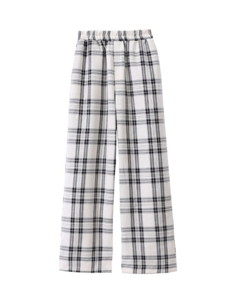 HOUZHOU Harajuku Plaid Pants Women Casual Wide Vintage Korean Style White Checked Trouser Thin Home Pants Chic Female Streetwear