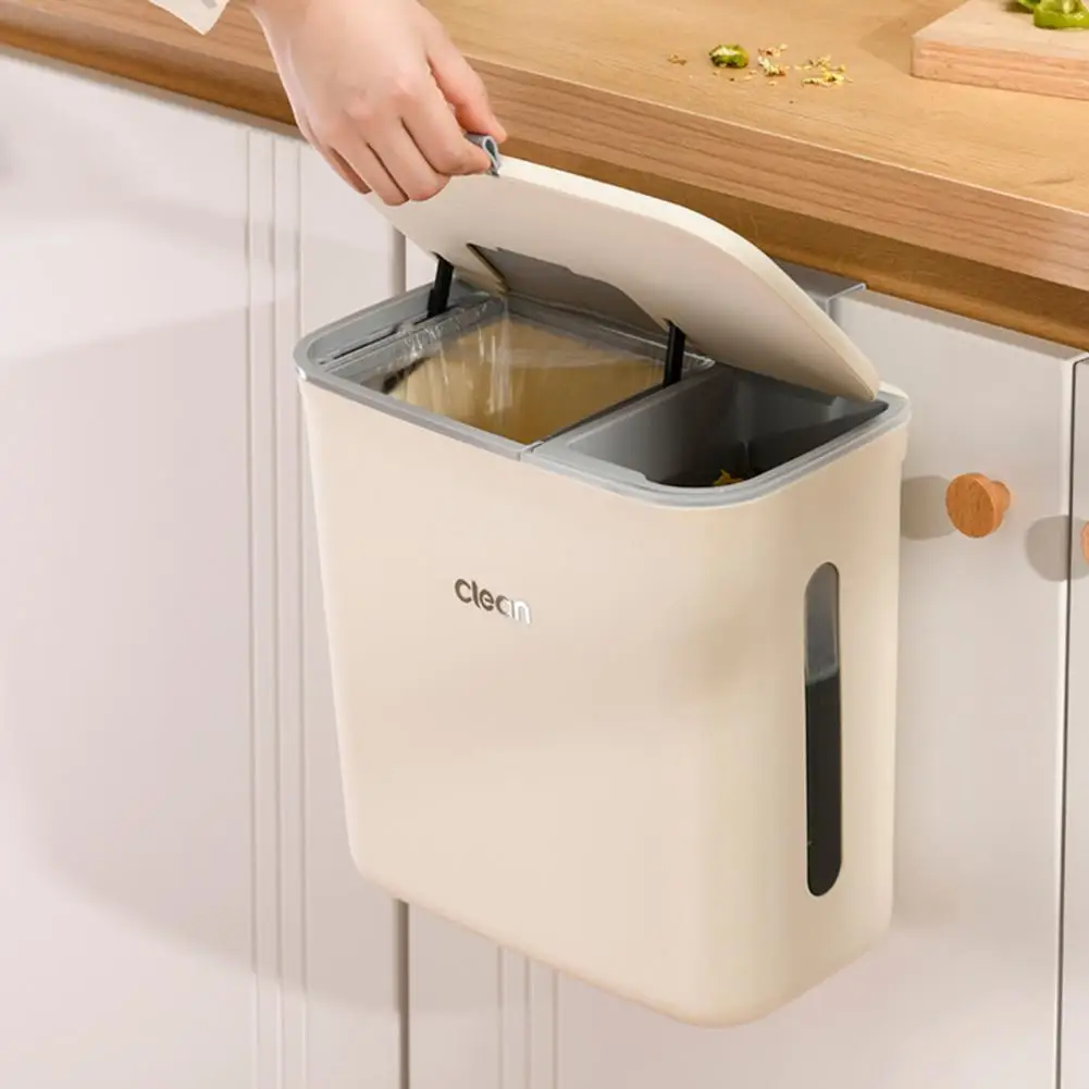 12L Kitchen Hanging Trash Can with Lid Wall-Mounted Garbage Can Under Sink Trash Bin Two Compartments Countertop Waste Basket