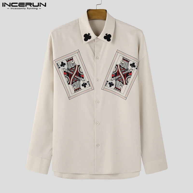 INCERUN Knappe heren Tops Stijlvolle Poker Card Gedrukt Splicing Shirts Knappe Mannelijke Persoonlijkheid Lange Mouwen Blouse S-5XL 2024