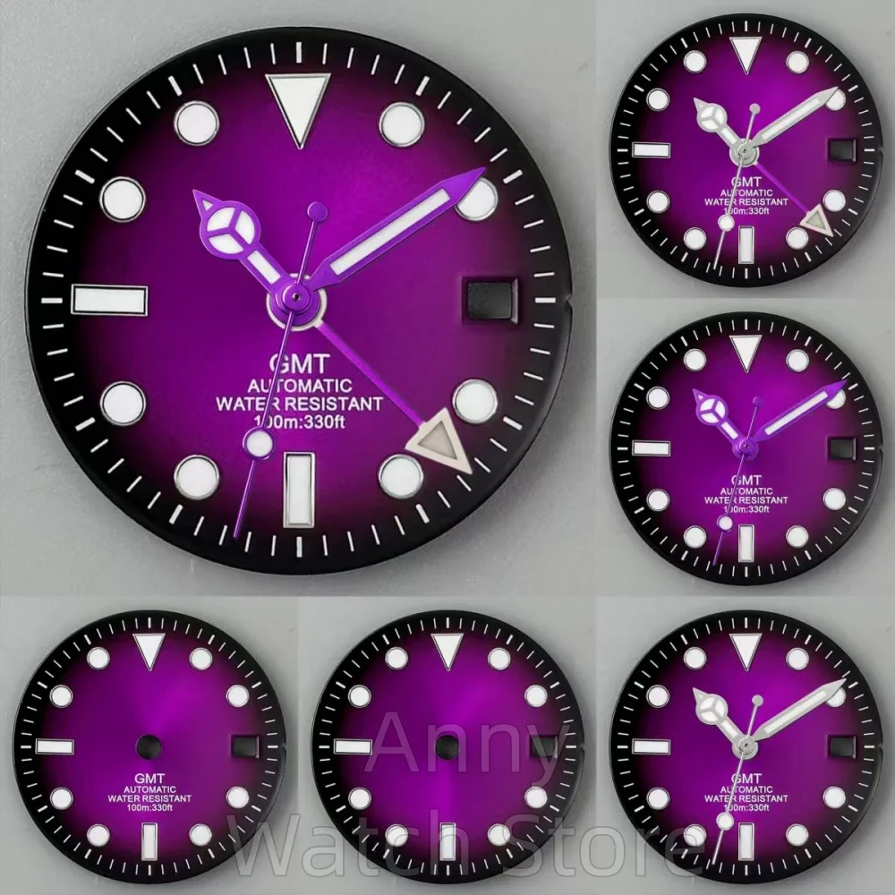 29mm 3 o'clock Date GMT Marks Purple Watch Dial With Green Luminous Suitable For NH34/DG3804 Movement Watch Accessory