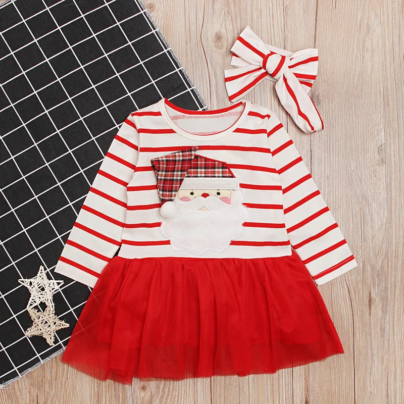 Children\'s Spring and Autumn Collection Girls\' Santa Claus Striped Dress+Headband Two Piece Set Children\'s Dress,W113