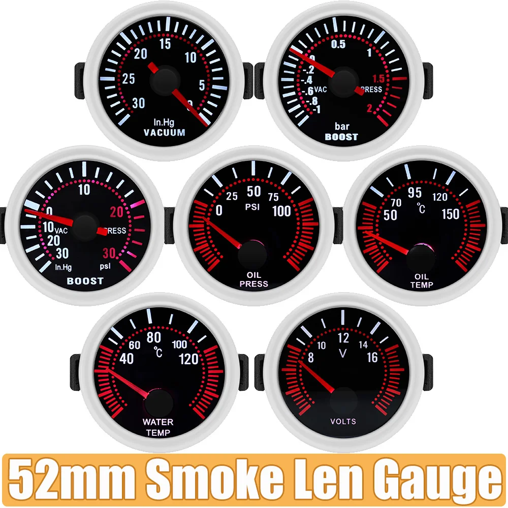 

Новый 52 мм дымовой указатель Boost Gauge -1~0~2 бар турбонаддува метр белый светодиодный тахометр давления масла универсальный для автомобиля 12 В