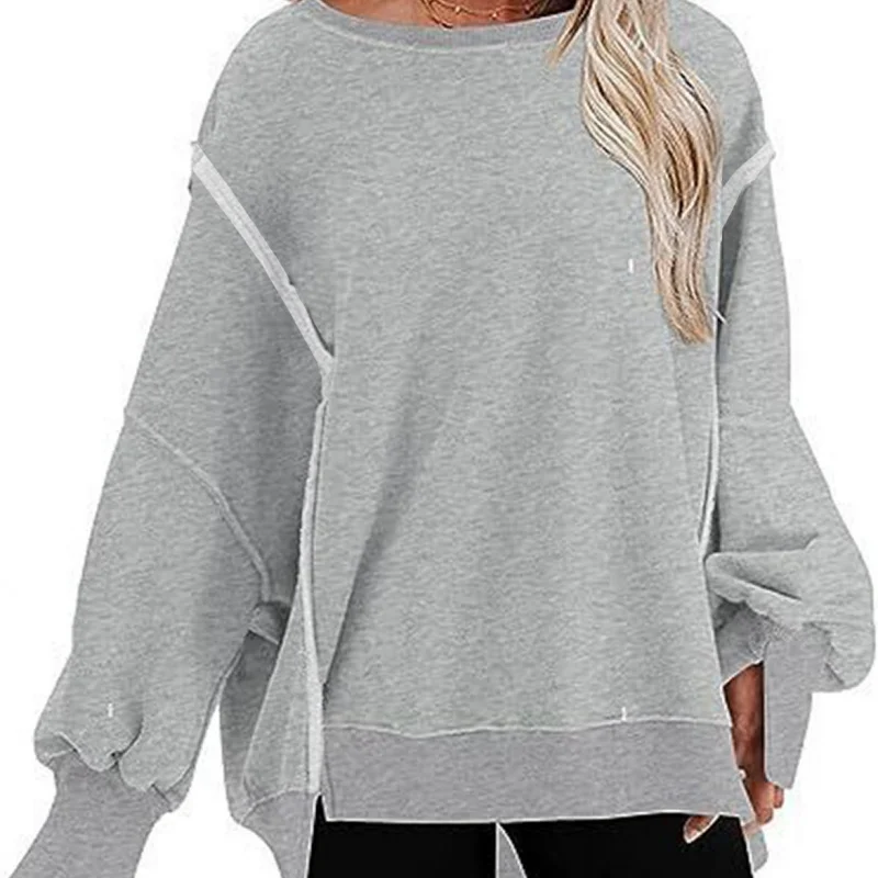 

Женская одеждаОсенний новый пуловер с круглым вырезом и рукавами, длинный повседневный свободный свитшот