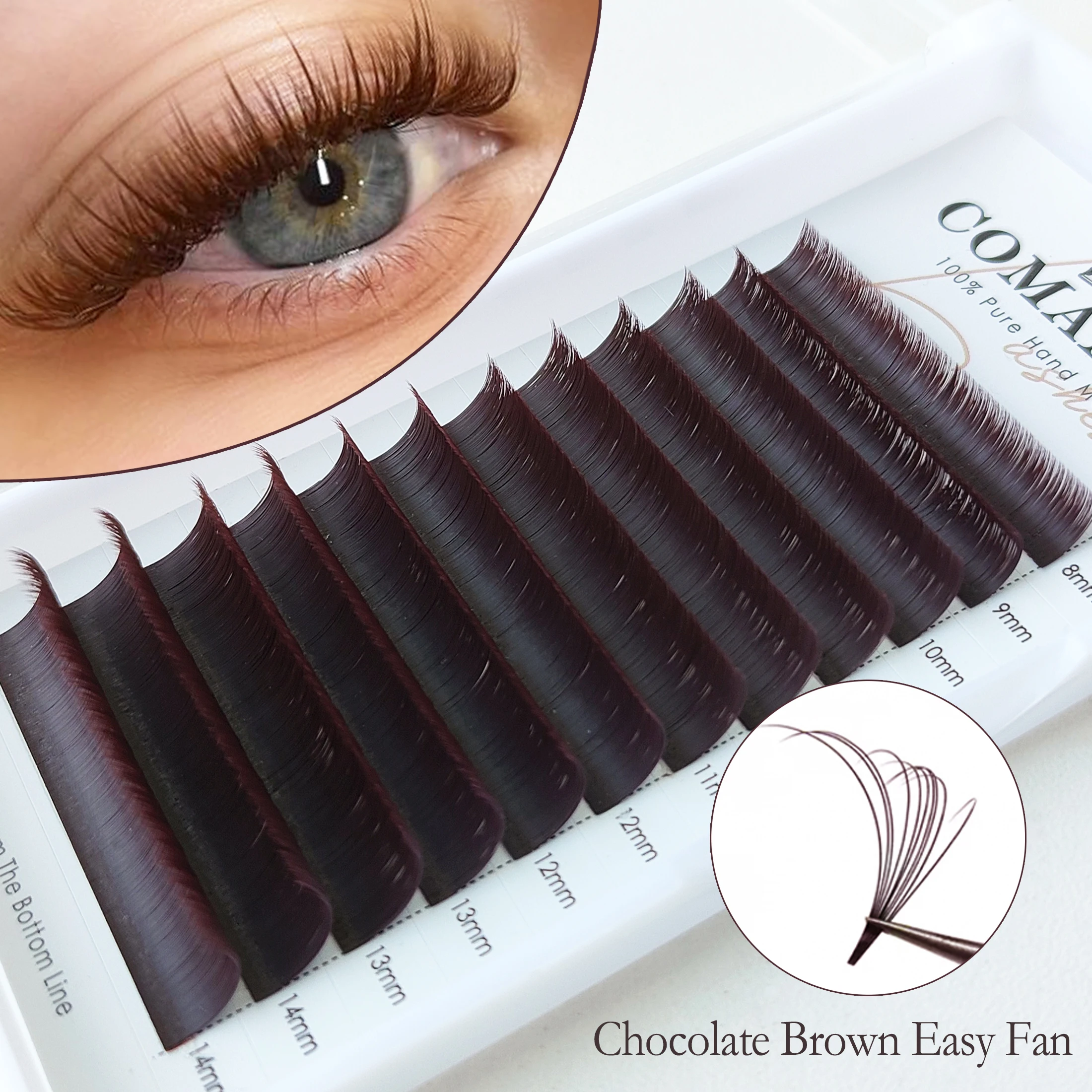 CoMango Chocolate Brown Easy Fans Russian Volume Colored Natural Silk Mink Rapid Bloom Fake Lashes Custom & Wholesale