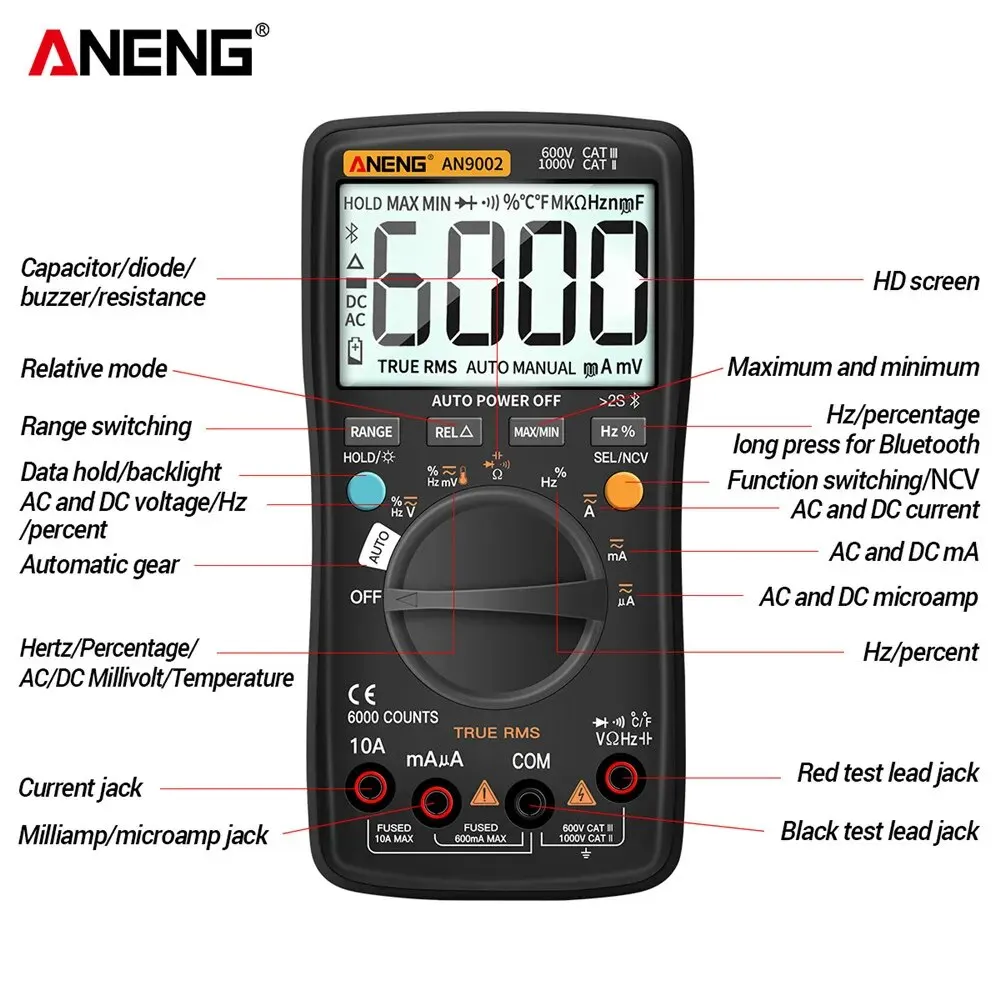 ANENG AN9002 multimetro digitale Bluetooth 6000 conteggi multimetro professionale RMS AC/DC Tester di tensione di corrente Auto-Range