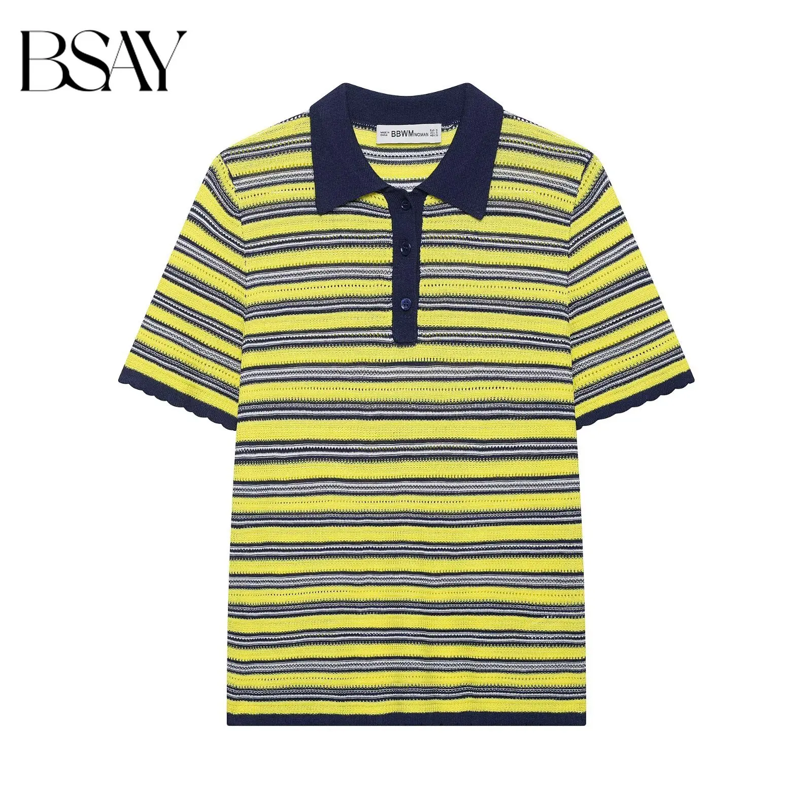 BSAY Vintage Color Block Striped Knit Polo Top Women Short Sleeve Hollow Openwork Scallop Trim Half Placket Casual Thin Knit Tee