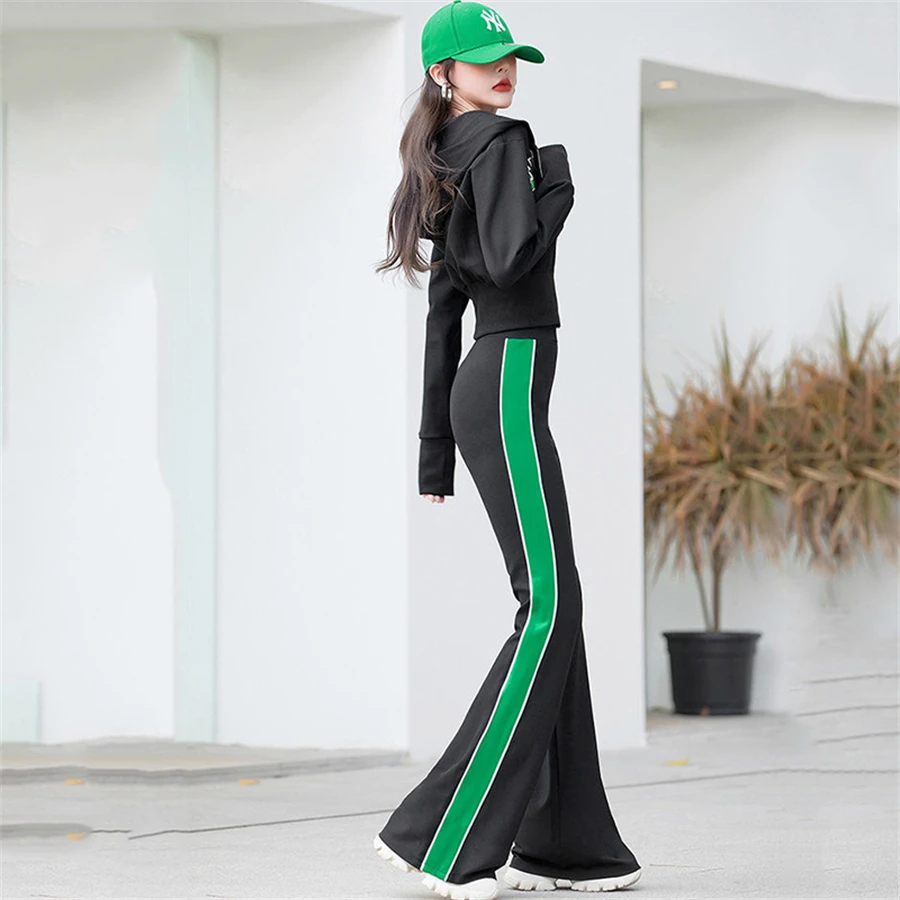 Casual Printed Patchwork Zip Up Outfits Korean Hooded Short Coats Side Stripe Flare Pants 2 Pieces Sets Streetwear Tracksuits