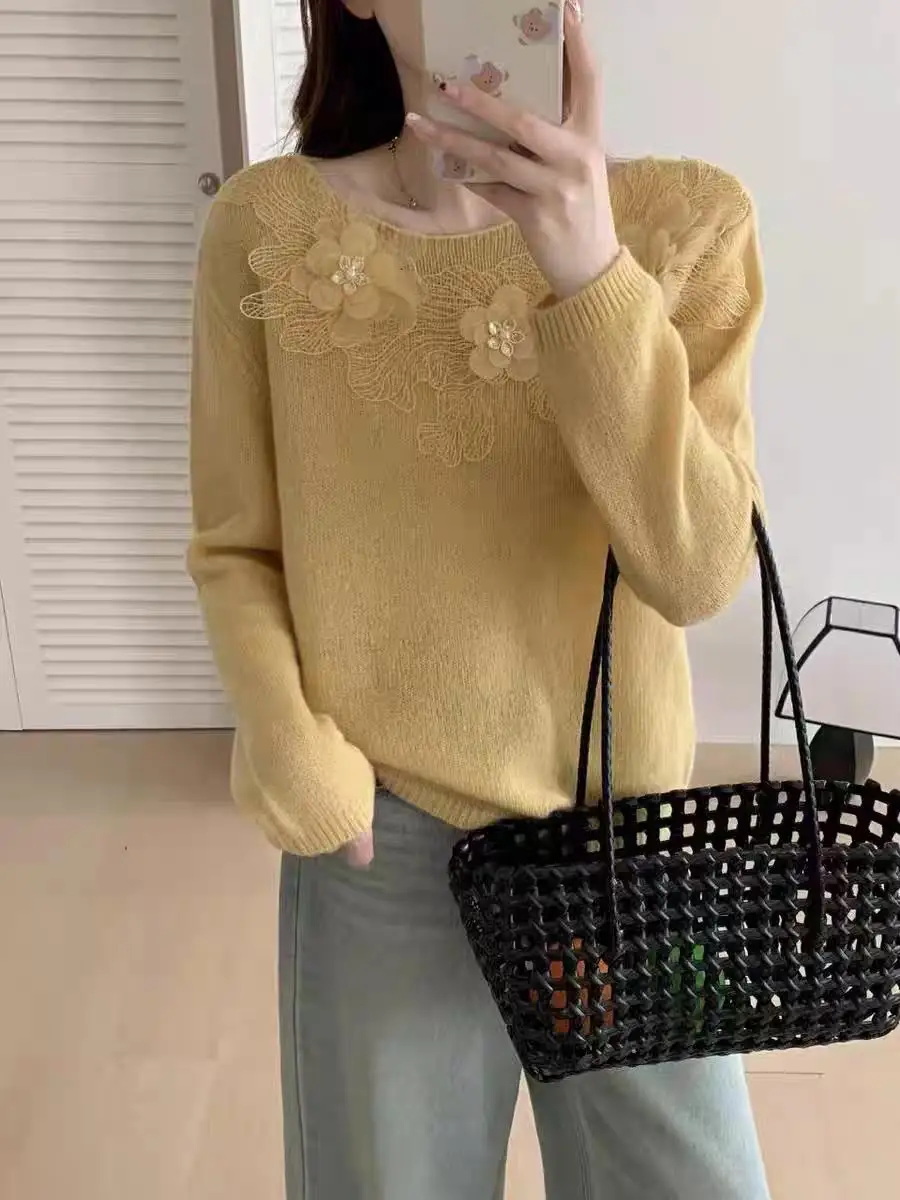 

CC Gentle Heavy Work 3D Flower Pearl Silk Camere Knitted Sweater Women's Faionable Versatile High-End Feeling Top