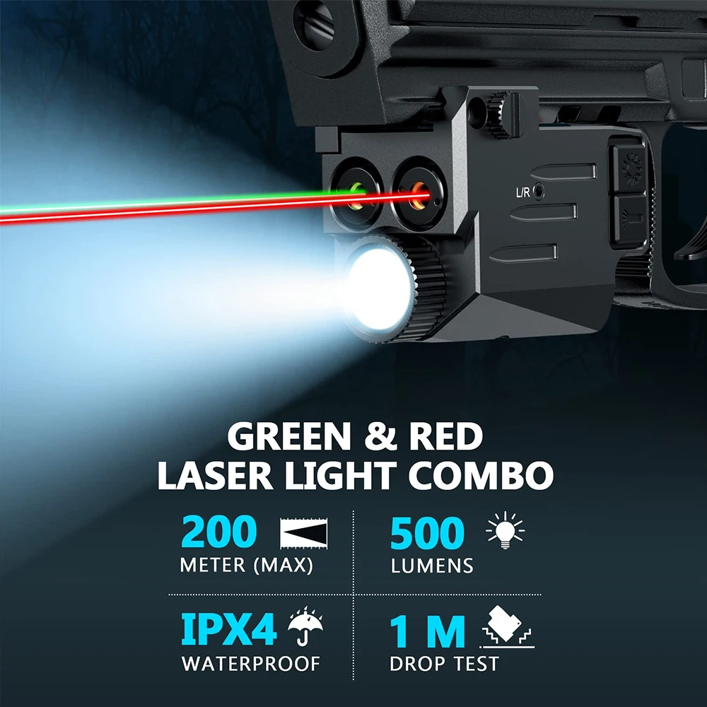 500 Lumen Tactical Gun Light with Red Green Laser Pistol Light USB Rechargeable Weapon Light Handgun Light Airsoft Hunting Shoot