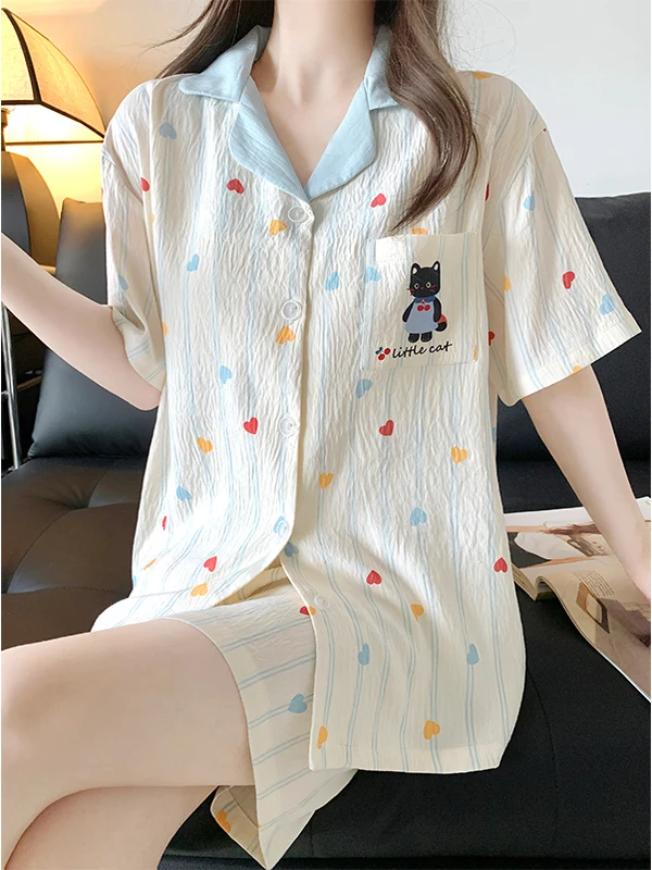 Sweet Striped Cloud Cotton Sleepwear Women's Short Sleeve Summer Thin Home Clothes Set Comfortable Breathable Nightgown