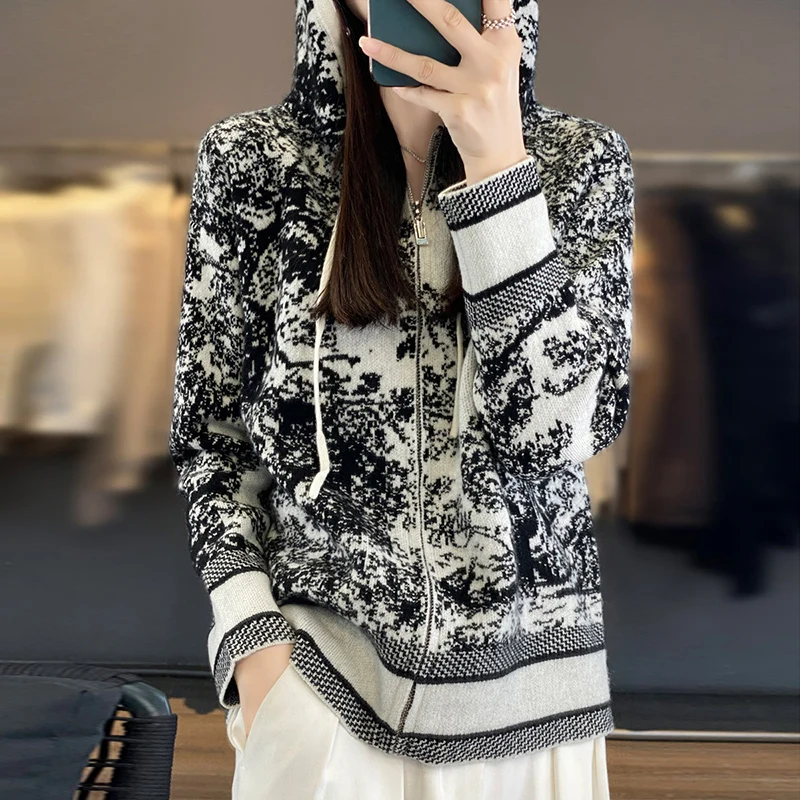 100% wool knitted cardigan women\'s autumn and winter new hooded collar cashmere sweater jacket loose Korean fashion women\'s top