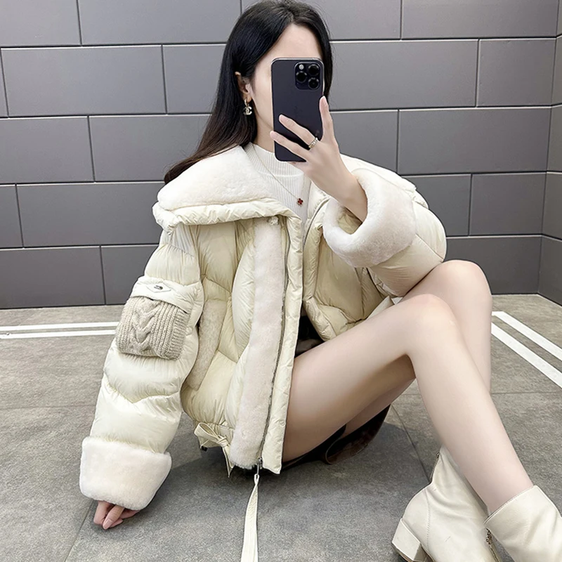 2024 Autumn Winter Women\'s Goose Down Jacket With Real Sheep Fur Collar Women Warm Coat Luxury Thick Outwear Female Coat