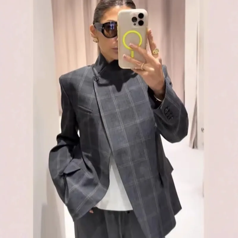 

Blouse Jacket Suit Autumn/Spring Women's Tartan Stand-up Collar Single-button Fastening Long Sleeves Pockets New Comfortable Fit