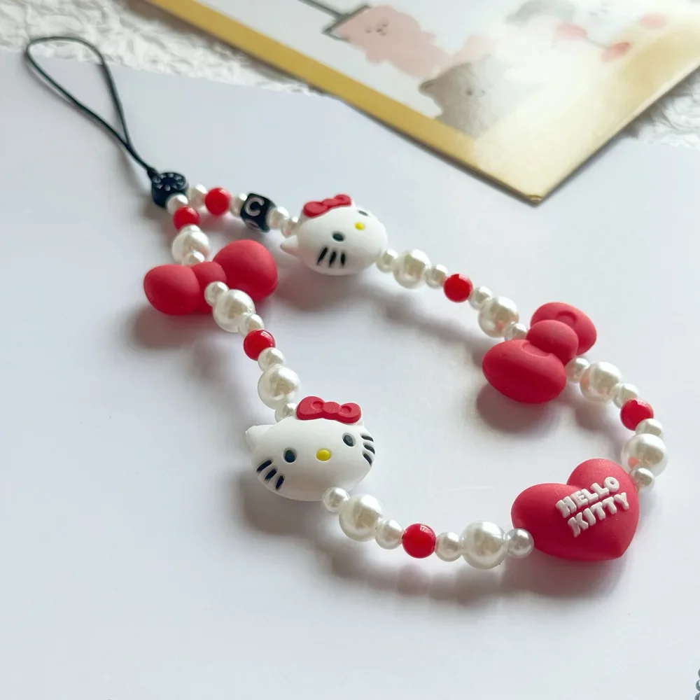 

Kawaii Hello Kitty Mobile Phone Chain Sanrio Love Bow Shape Silicone Pendant for Girl DIY BePortable Camera Lanyardaded Bracelet